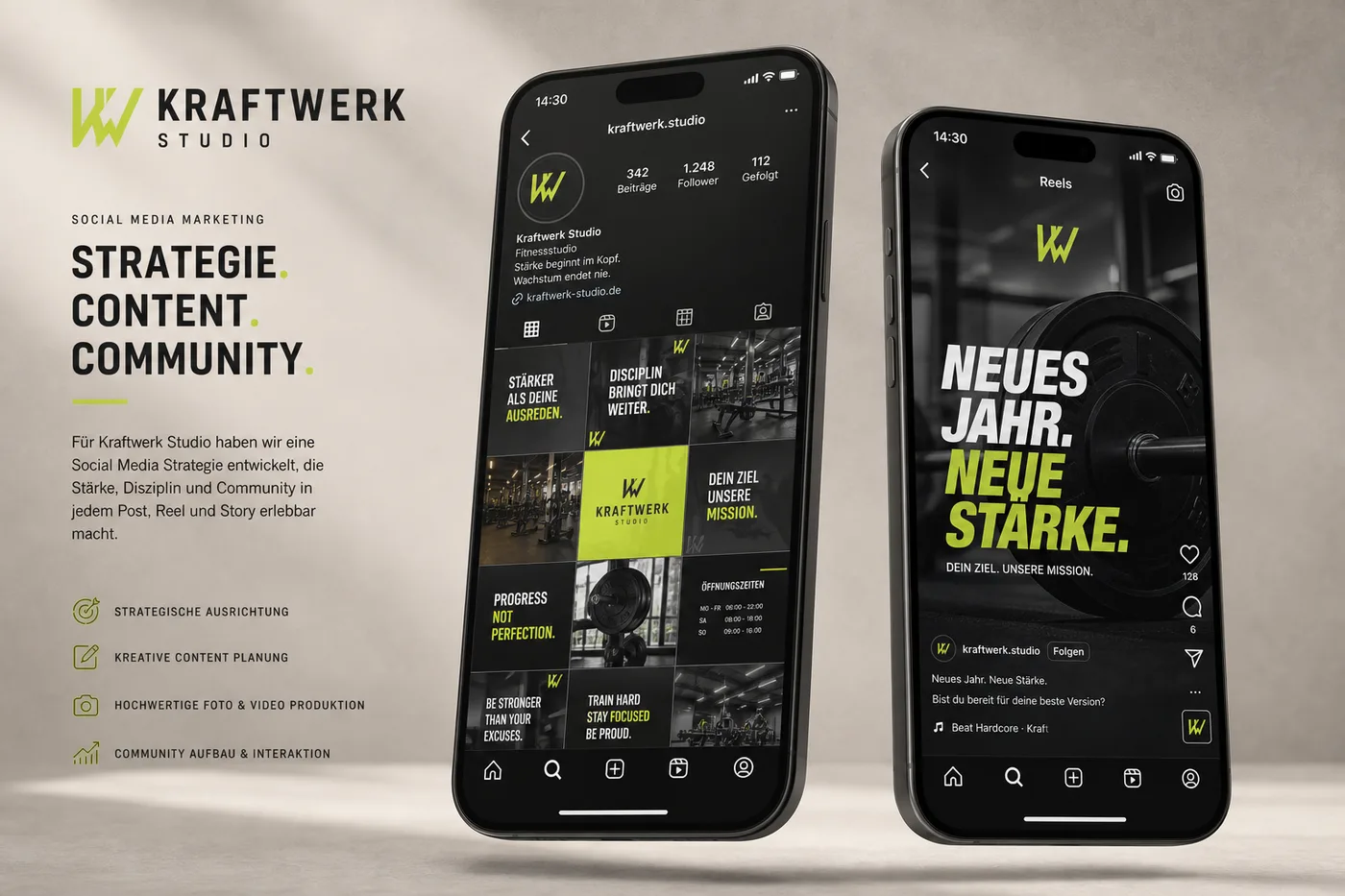 Social-Media-Auftritt eines Fitnessstudios auf zwei Smartphones